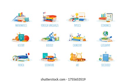 School subjects flat concept vector illustrations set. Natural and formal science metaphors. Foreign language, physics, economics lessons. Students textbooks and supplies items 2D cartoon objects