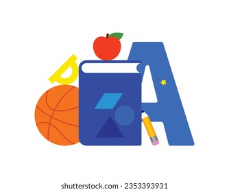 School subjects icon - math, algebra, basketball, physics. Education, elementary school concept. Group of objects, abstract composition. Flat vector illustration.