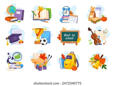 School subjects icon set. Cartoon style education school supplies and curriculum vector collection. Mathematics, Science,History, Geography, Physical Education, Art, Music, Chemistry, Biology, Physics