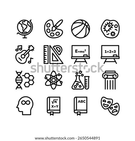 School subjects icon set. Education vector icons. Includes math, biology, chemistry, history, art, sport, and science symbols. Perfect for infographics, web, and apps.