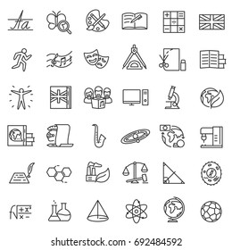 School Subjects, Icon Set. Lessons Collection. Lines With Editable Stroke. Icons For A Website