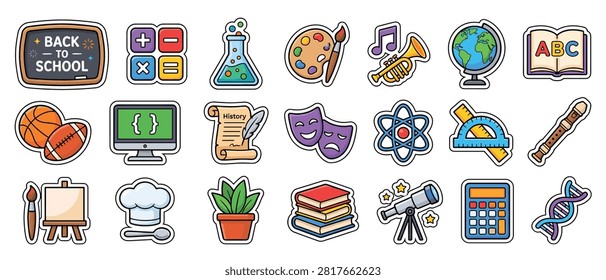 School subjects icon set with math science art music sports and globe stickers for education curriculum poster design