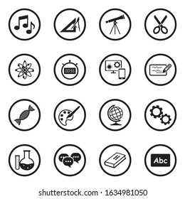 School Subjects Icons. Black Flat Design In Circle. Vector Illustration.