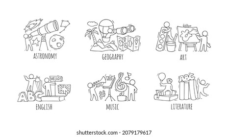 School subjects icons with doodle people with education equipment. Vector cartoon set of geography, art, astronomy, music, english language and literature lessons and students