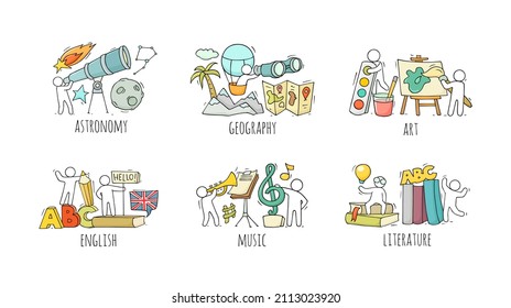 School subjects icons with doodle people with education equipment. Vector cartoon set of geography, art, astronomy, music, english language and literature lessons and students