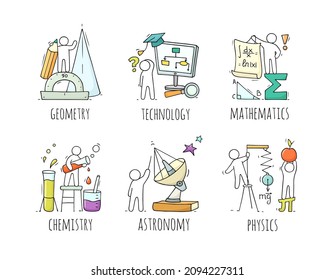 School subjects icons with hand drawn people and education equipment. Vector cartoon set of math, astronomy, geometric, physics, chemistry and technology lessons and students