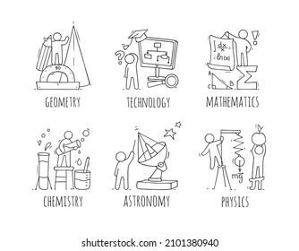 School subjects icons with hand drawn people and education equipment. Vector cartoon set of math, astronomy, geometric, physics, chemistry and technology lessons and students