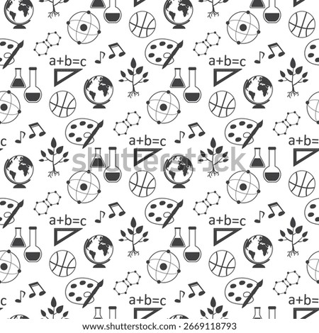 School Subjects Icons seamless pattern. Texture with school education monochrome pictograms. Black signs isolated on white background, wallpaper template. flat vector illustration