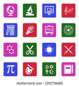 School Subjects Icons. Set 2. White Flat Design In Square. Vector Illustration. 