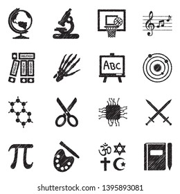 School Subjects Icons. Set 2. Black Scribble Design. Vector Illustration.