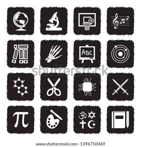 School Subjects Icons. Set 2. Grunge Black Flat Design. Vector Illustration. 