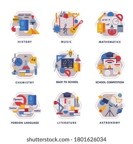 School Subjects Icons Set, Education and Science Disciplines with Related Elements Flat Style Vector Illustration