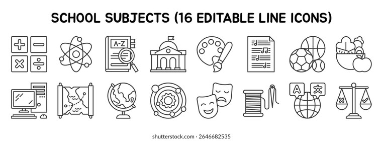 School Subjects Icons Set com 16 ícones de linha editáveis em um estilo mínimo. Ideal para sites escolares, materiais impressos educacionais, plataformas de e-learning, planejadores digitais e materiais para sala de aula.