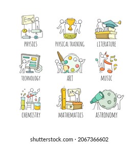 School subjects icons with symbols of math, physics, astronomy and chemistry. Vector cartoon set of art, music, technology, sport and literature lessons and students. People with education equipment