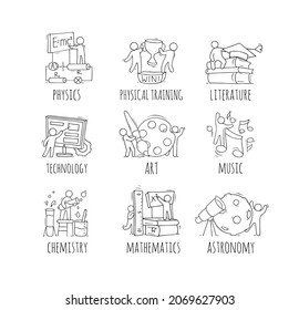School subjects icons with symbols of math, physics, astronomy and chemistry. Vector cartoon set of art, music, technology, sport and literature lessons and students. People with education equipment