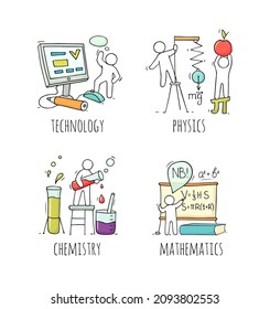 School subjects icons with symbols of math, physics, technology and chemistry. Vector cartoon set of lessons and students. People with education equipment