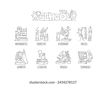 School subjects icons with symbols of math, physics, astronomy and chemistry. Vector cartoon set of art, music, technology, sport and literature lessons and students. People with education equipment