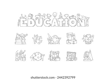 School subjects icons with symbols of math, physics, astronomy and chemistry. Vector cartoon set of art, music, technology, sport and literature lessons and students. People with education equipment