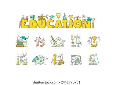 School subjects icons with symbols of math, physics, astronomy and chemistry. Vector cartoon set of art, music, technology, sport and literature lessons and students. People with education equipment