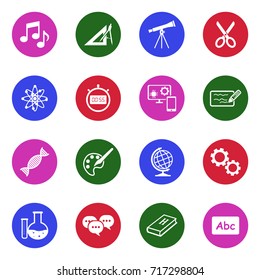 School Subjects Icons. White Flat Design In Circle. Vector Illustration. 