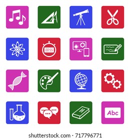 School Subjects Icons. White Flat Design In Square. Vector Illustration. 