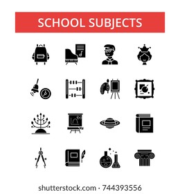 School subjects illustration, thin line icons, linear flat signs, vector symbols, outline pictograms set, editable strokes