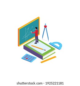 School subjects isometric composition with character of teacher drawing graph on chalkboard vector illustration
