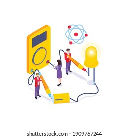 School subjects isometric composition with human characters of pupils building electric circuit vector illustration