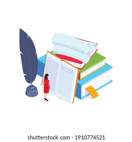 School subjects isometric composition with images of books and copybooks with vintage paper rolls vector illustration