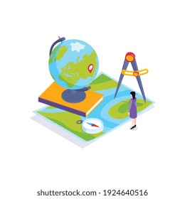 School subjects isometric composition with images of earth globe with map and compass vector illustration