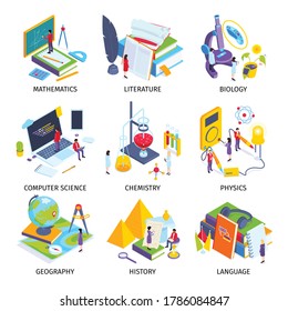 School subjects isometric set with physics lab computer science language history geography chemistry biology mathematics vector illustration