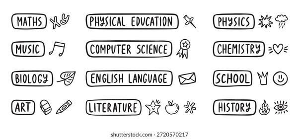 Schulfächer Etiketten für Stundenplan und Planer, Doodle-Set für Schüler und Lehrer, handgezeichnete monochrome Linie Kunstumriss, saubere Kontur Stil, handgezeichnet.. Vektorgrafik.