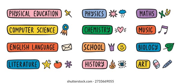 Etiquetas das disciplinas escolares para horário e planejador, conjunto de rabiscos coloridos para estudantes e professores, desenhado à mão. Ilustração vetorial.