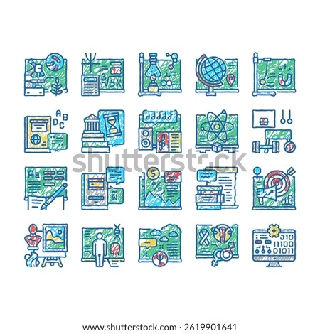 School Subjects Learn Collection doodle icons set vector. Geography Literature, Spanish English Language, History Physics School Subjects Studying sketch hand drawn