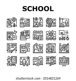 School Subjects Learn Collection Icons Set Vector. Geography And Literature, Spanish And English Language, History And Physics School Subjects Studying Black Contour Illustrations
