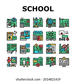 School Subjects Learn Collection Icons Set Vector. Geography And Literature, Spanish And English Language, History And Physics School Subjects Studying Line Pictograms. Contour Color Illustrations
