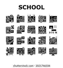 Los Sujetos Escolares Aprenden Los Iconos De Colección De Vector. Geografía Y Literatura, Idioma Español E Inglés, Historia Y Materiales De La Escuela De Física Estudiando Pictogramas De Glifos Ilustraciones Negras