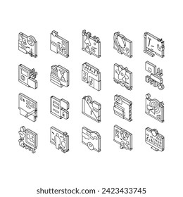 School Subjects Learn Collection isometric icons set. Geography And Literature, Spanish And English Language, History And Physics School Subjects Studying Line Pictograms. Contour Color .