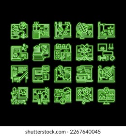 School Subjects Learn neon light sign vector. Geography And Literature, Spanish And English Language, History And Physics School Subjects Studying Illustrations