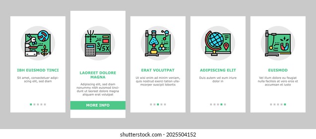 School Subjects Learn Onboarding Mobile App Page Screen Vector. Geography And Literature, Spanish And English Language, History And Physics School Subjects Studying Illustrations