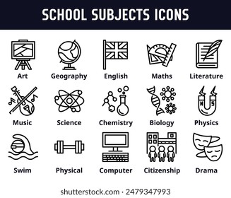 School subjects line icon set 15.
Editable storke