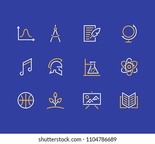 School subjects line icons. Education signs. Physics, math, geometry, literature music biology chemistry