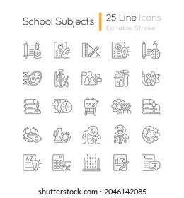 School subjects linear icons set. Humanities and applied sciences. Social science learning in schools. Customizable thin line contour symbols. Isolated vector outline illustrations. Editable stroke