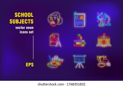 School subjects in neon style. Teacher, book, chemistry and study. Vector illustrations for luminous banners. Study, learning and education concept