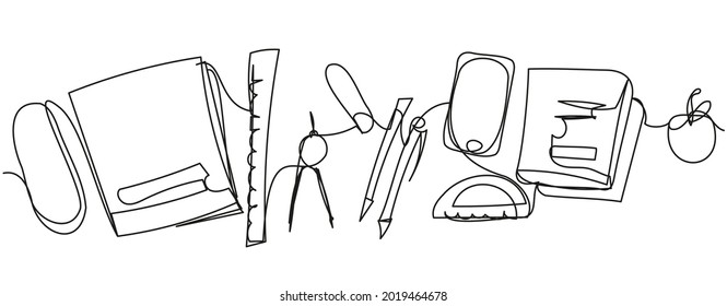 School subjects on a school desk in one line on a white background.
Pencil case, notebook, line, compasses, pens, smartphone, books, calipers, apple.