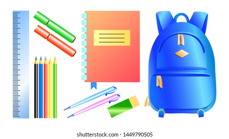 School subjects on white background: ruler, color pencils, markers, pens, eraser, red notebook and blue backpack.