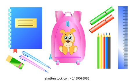 School subjects on white background: ruler, color pencils, markers, pens, eraser, blue notebook and pink backpack. Vector illustration
