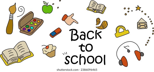 School subjects on a white background. Vector graphics of school supplies: paints, brushes, rulers and headphones on a white background. School illustration back to school EPS 10