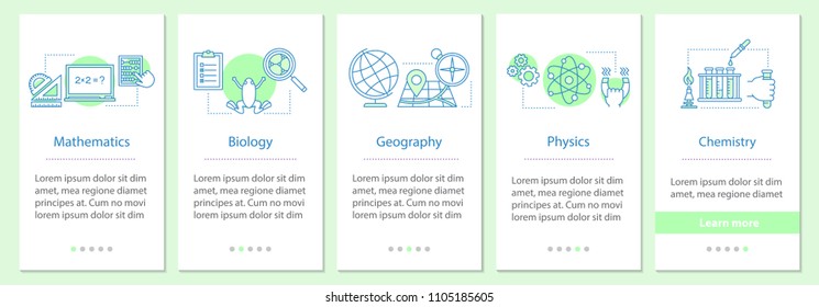 School subjects onboarding mobile app page screen with linear concepts. Mathematics, biology, geography, physics, chemistry steps graphic instructions. UX, UI, GUI vector template with illustrations
