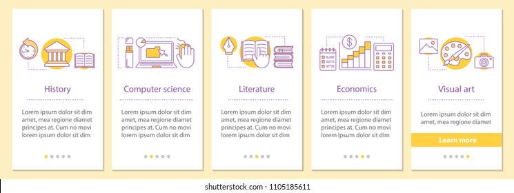 School subjects onboarding mobile app page screen with concepts. History, computer science, literature, economics, visual art steps graphic instructions. UX, UI, GUI vector template with illustrations